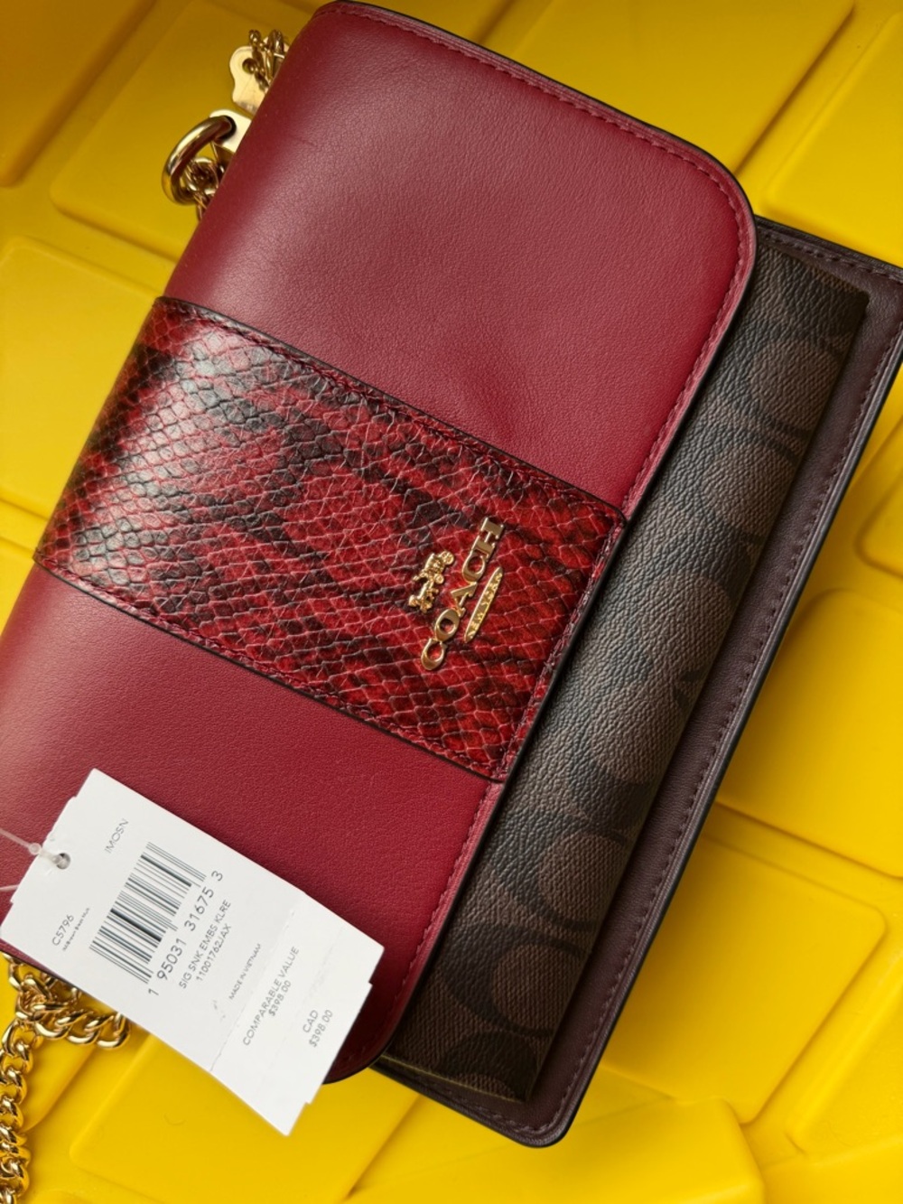 NWT Coach Red Leather Crossbody with Burgundy Snake-Print Accent & Gold Hardware